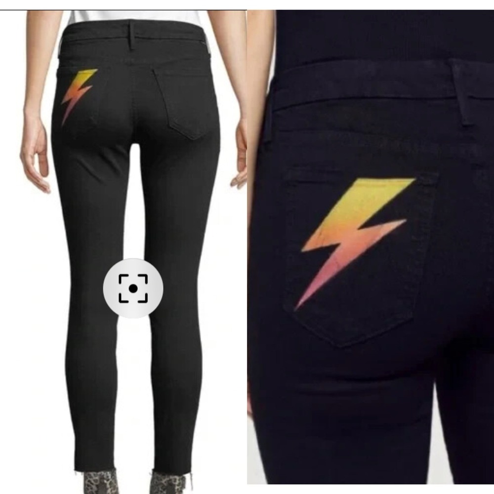 MOTHER The Stunner Ankle Fray Helter Skelter Jeans Size 26 Black Lightning Bolt